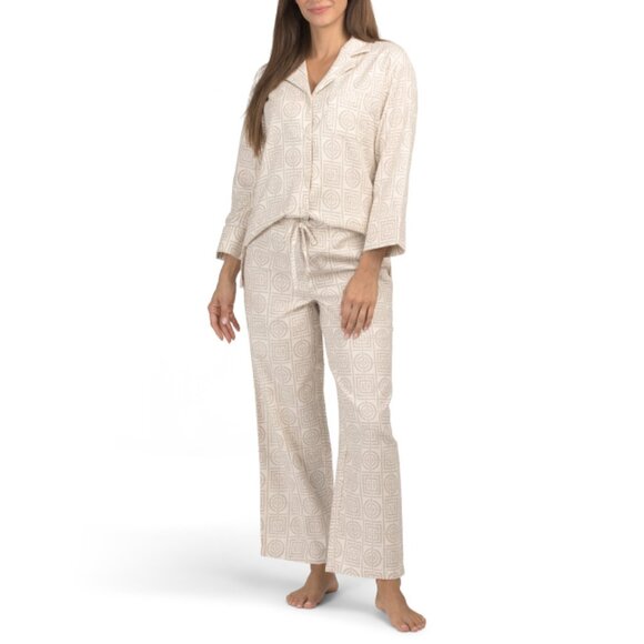 NATORI Sand 2pc Flannel Texture Infinity Notch Collar Pajama Top And Pants Set - Picture 1 of 2